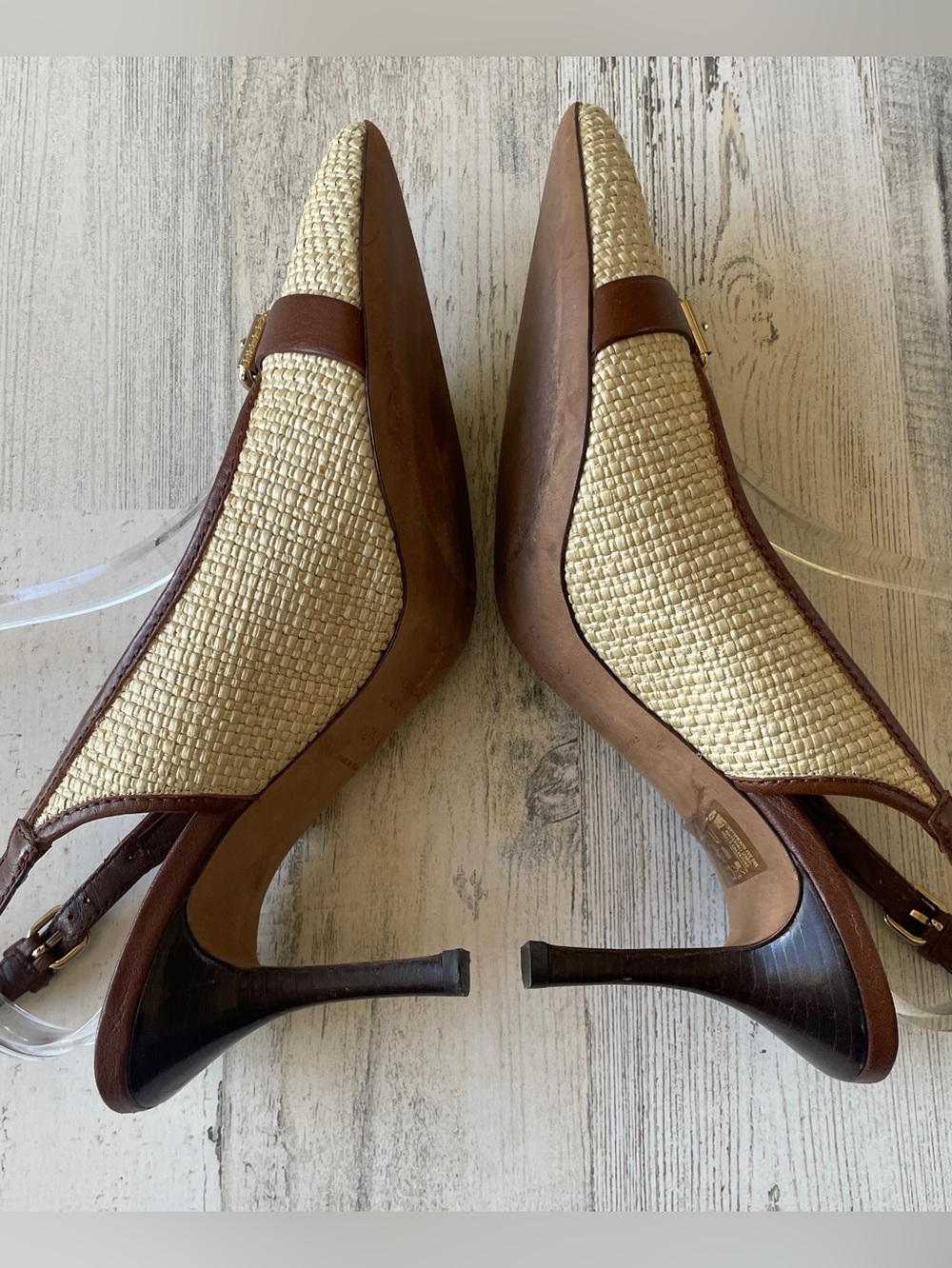 Celine Slingback Heels Brown Leather & Raffia Straw Pointed-Toe SZ 40.5 C US 9.5 - Picture 5 of 14